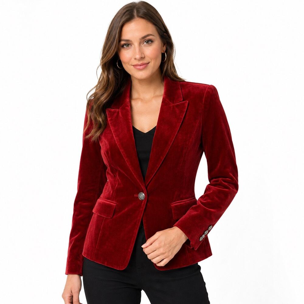 White House Black Market Wine Red Velvet Blazer Jacket 10P Petite Single Button